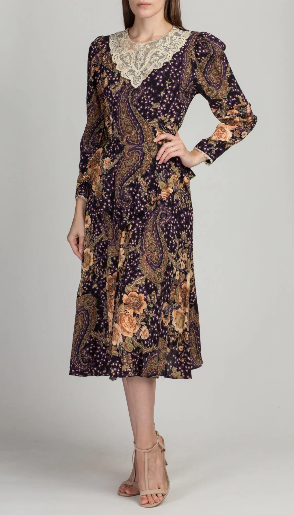 80s Lace Collar Floral Midi Dress - Small
