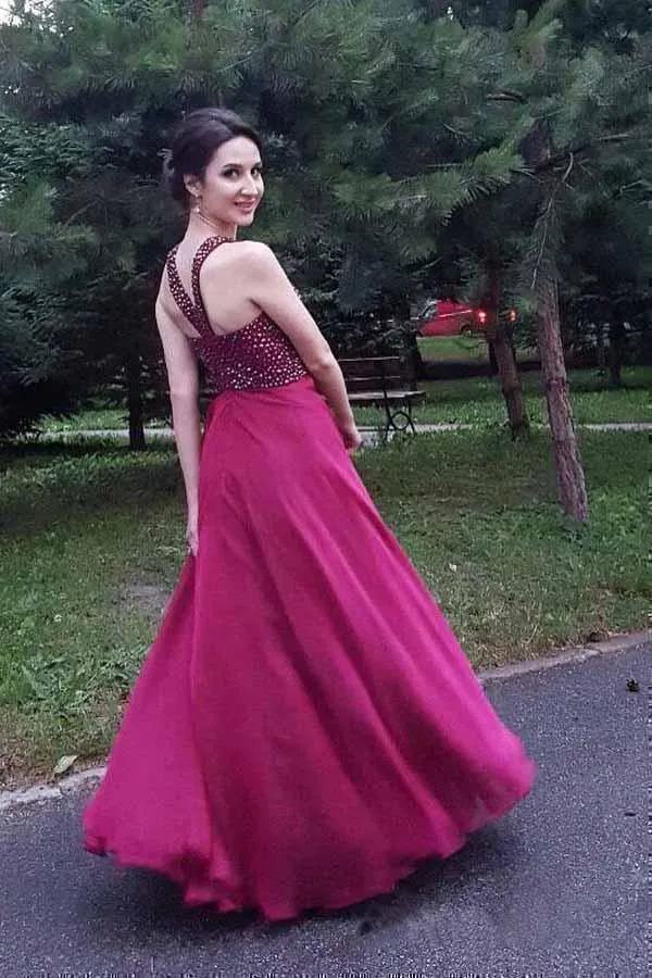 A-line Long Chiffon Formal Evening Halter Beaded Prom Dresses   PG968