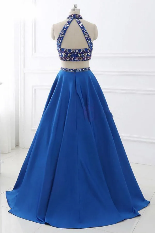 A-Line Royal Blue Satin Two Piece Halter Backless Prom Dress With Crystal PG916