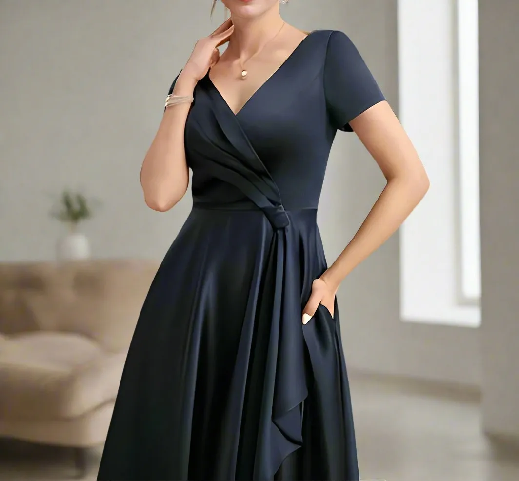 A-Line Satin Short Sleeves V Neck Mother of The Bride Dresses