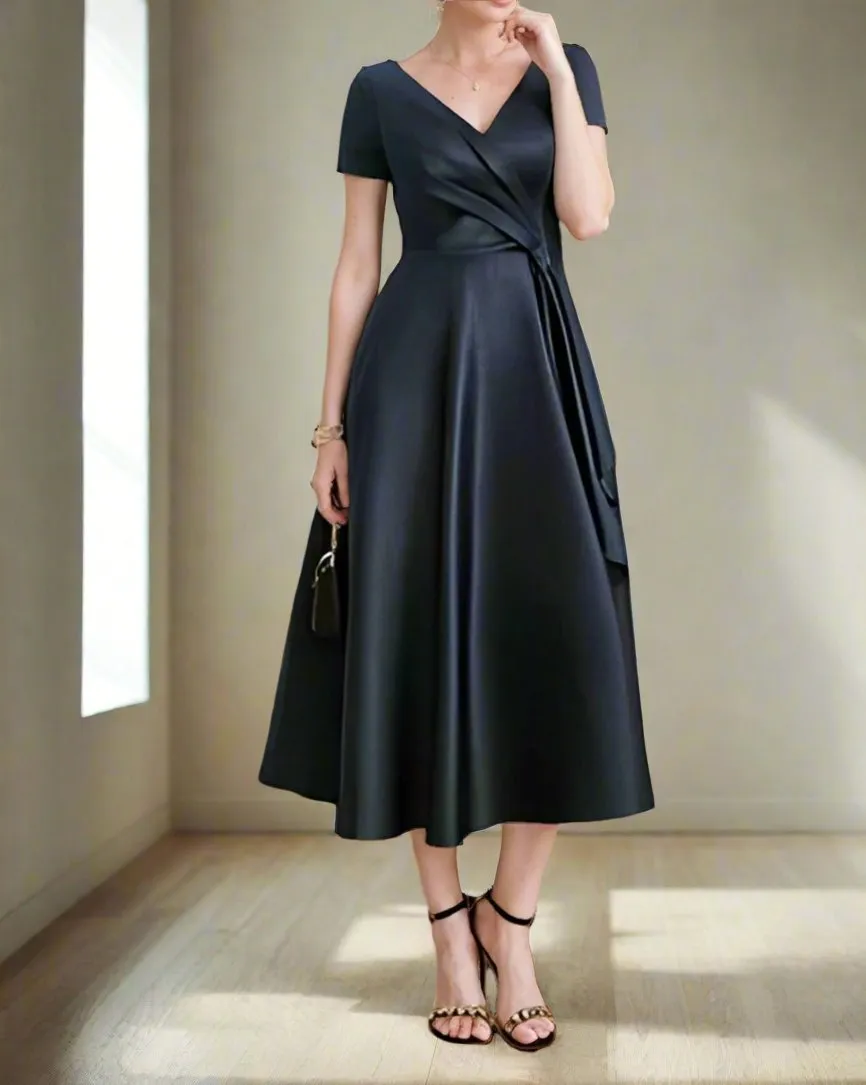 A-Line Satin Short Sleeves V Neck Mother of The Bride Dresses