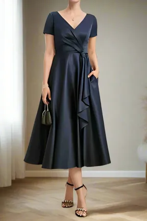 A-Line Satin Short Sleeves V Neck Mother of The Bride Dresses