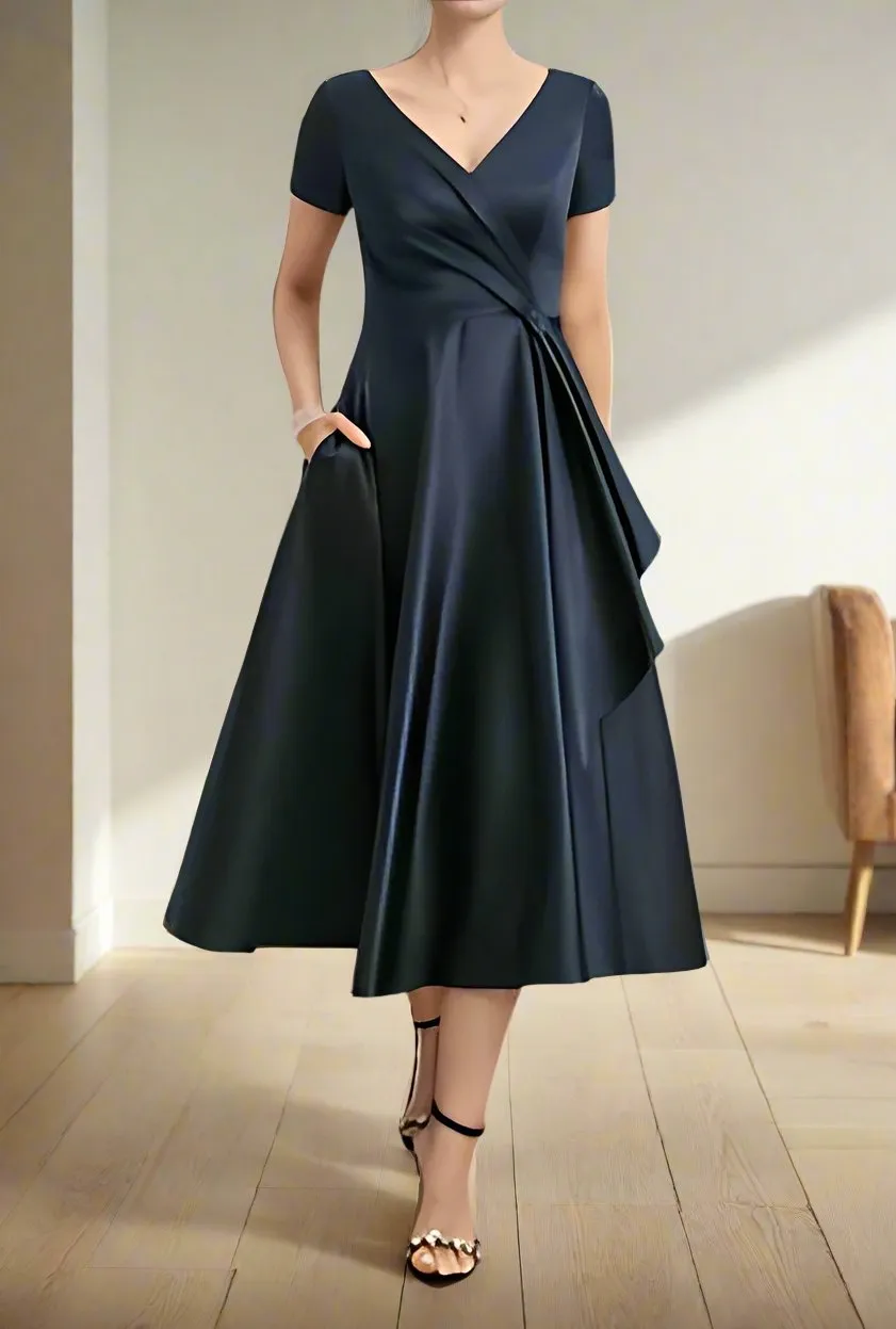 A-Line Satin Short Sleeves V Neck Mother of The Bride Dresses