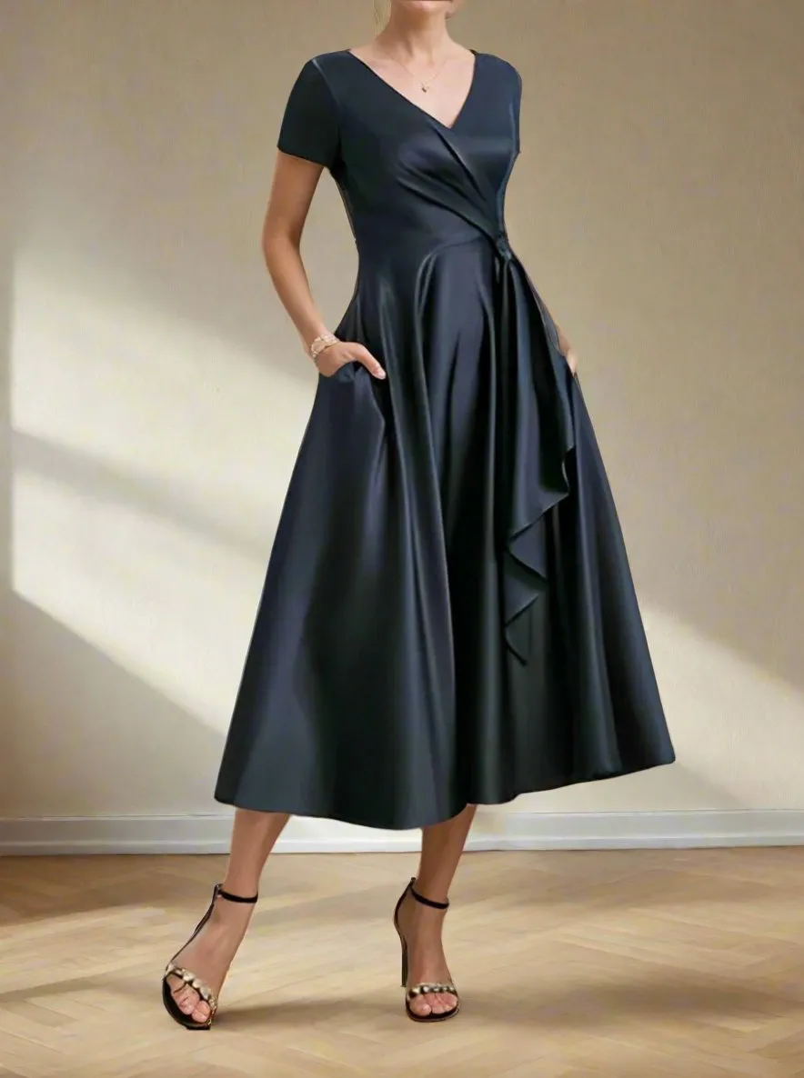 A-Line Satin Short Sleeves V Neck Mother of The Bride Dresses