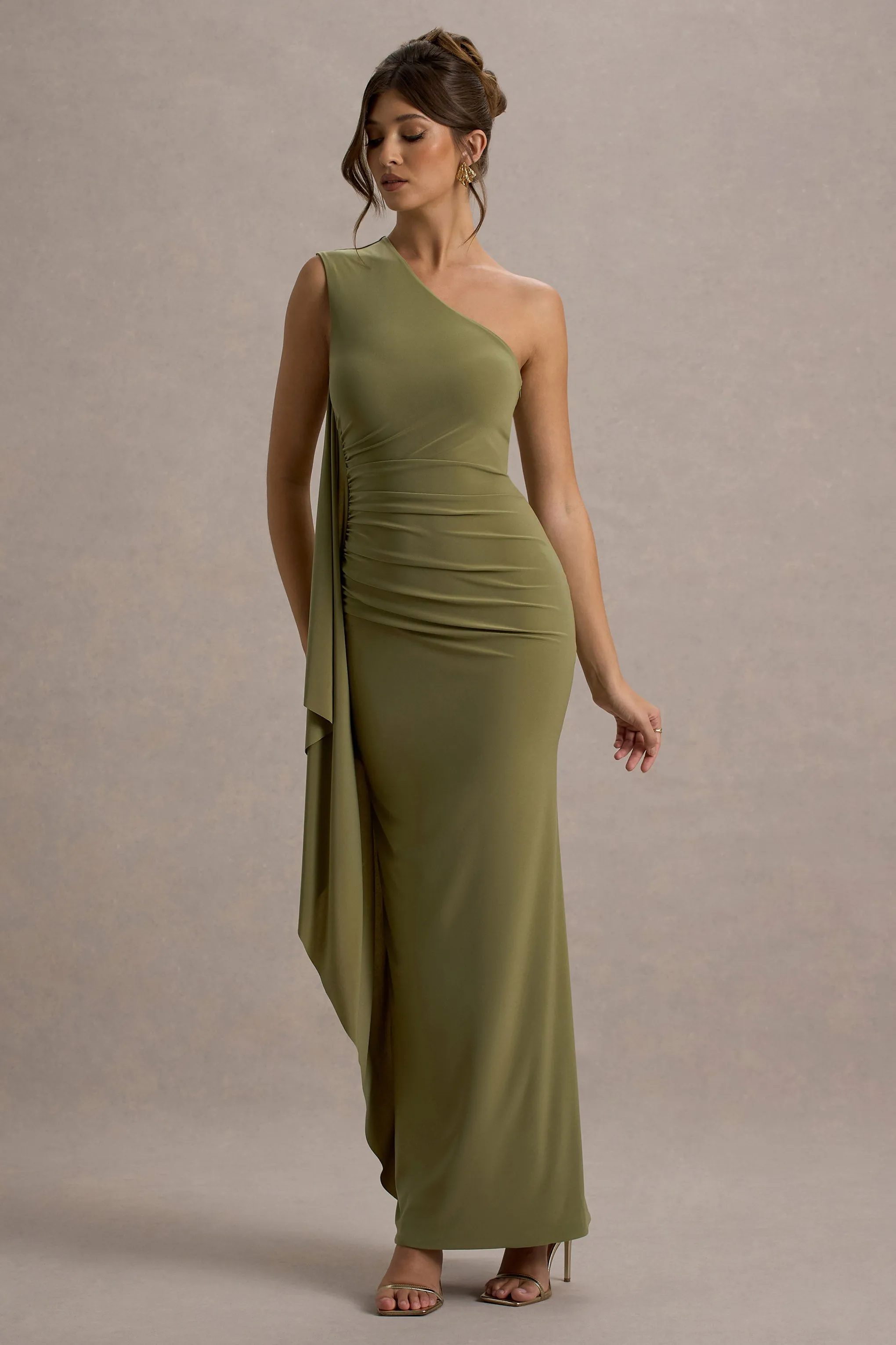 Adelina | Olive One-Shoulder Maxi Dress With Drape