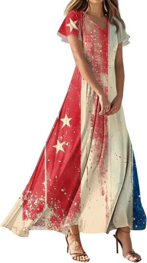 ADHOWBEW 4th of July Dress Women 2025 Holiday Plus Size Graphic USA Sexy Patriotic Independence Day Dresses