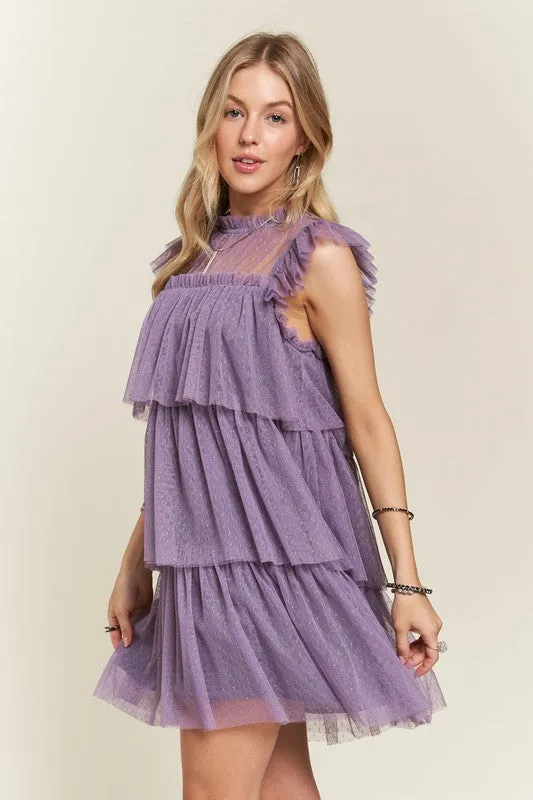 ADORA Layered Ruffled Cap Sleeve Mesh Dress