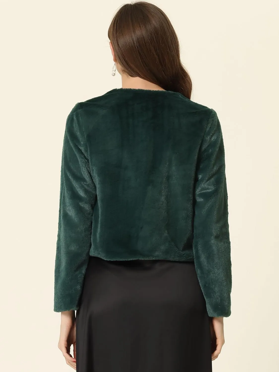 Allegra K Cropped Jacket for Women's Faux Fur with Pockets Long Sleeve Open Front Wedding Bolero Gowns Coat