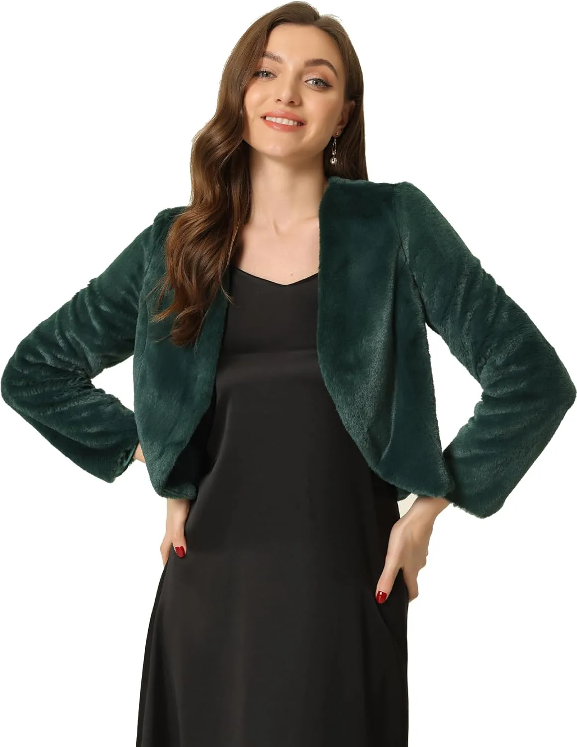 Allegra K Cropped Jacket for Women's Faux Fur with Pockets Long Sleeve Open Front Wedding Bolero Gowns Coat