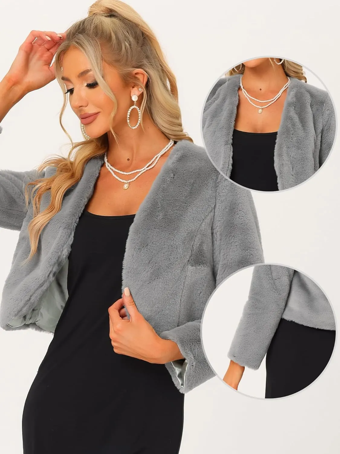 Allegra K Cropped Jacket for Women's Faux Fur with Pockets Long Sleeve Open Front Wedding Bolero Gowns Coat