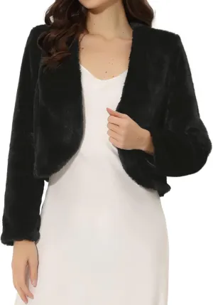 Allegra K Cropped Jacket for Women's Faux Fur with Pockets Long Sleeve Open Front Wedding Bolero Gowns Coat