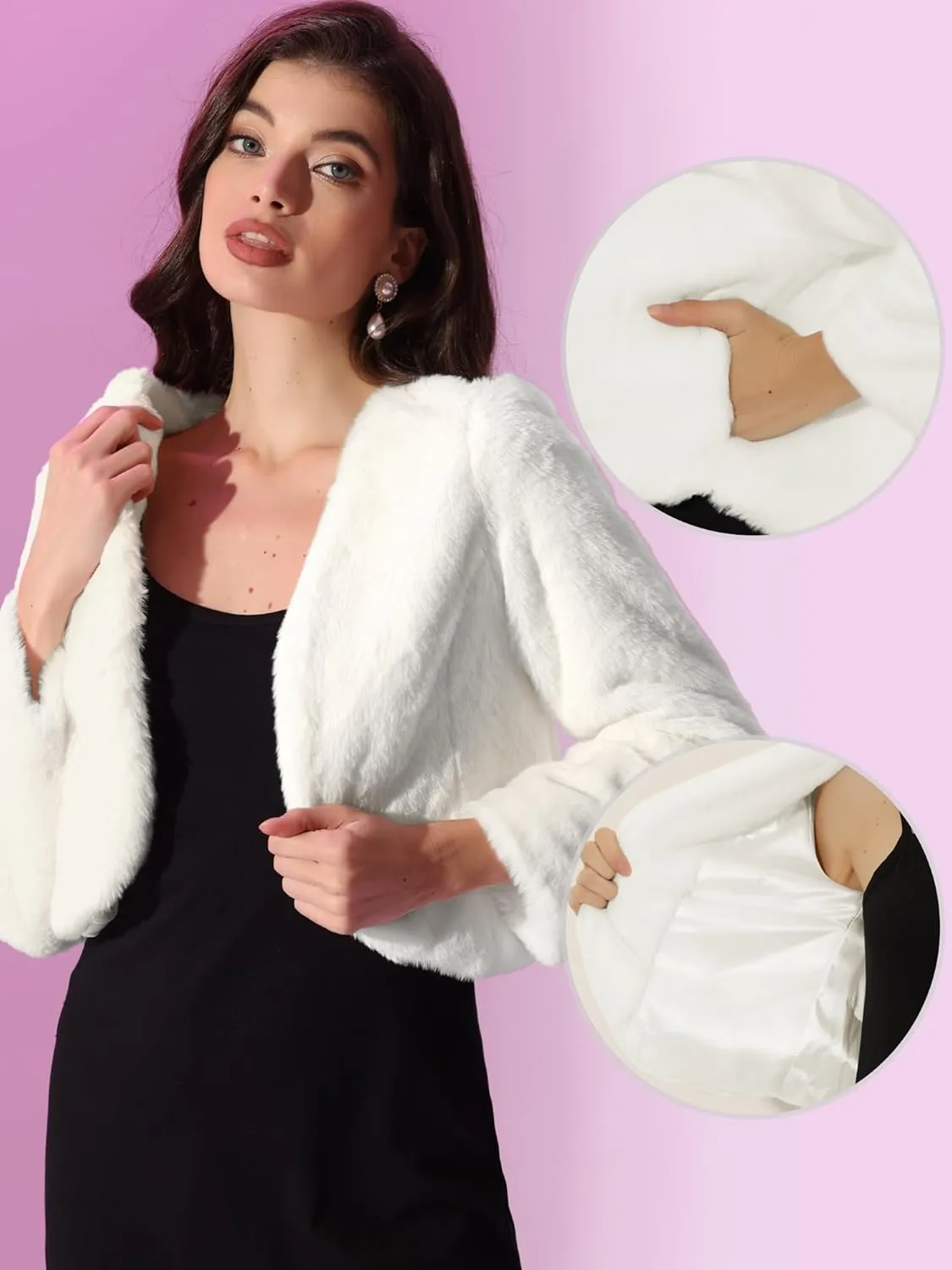 Allegra K Cropped Jacket for Women's Faux Fur with Pockets Long Sleeve Open Front Wedding Bolero Gowns Coat