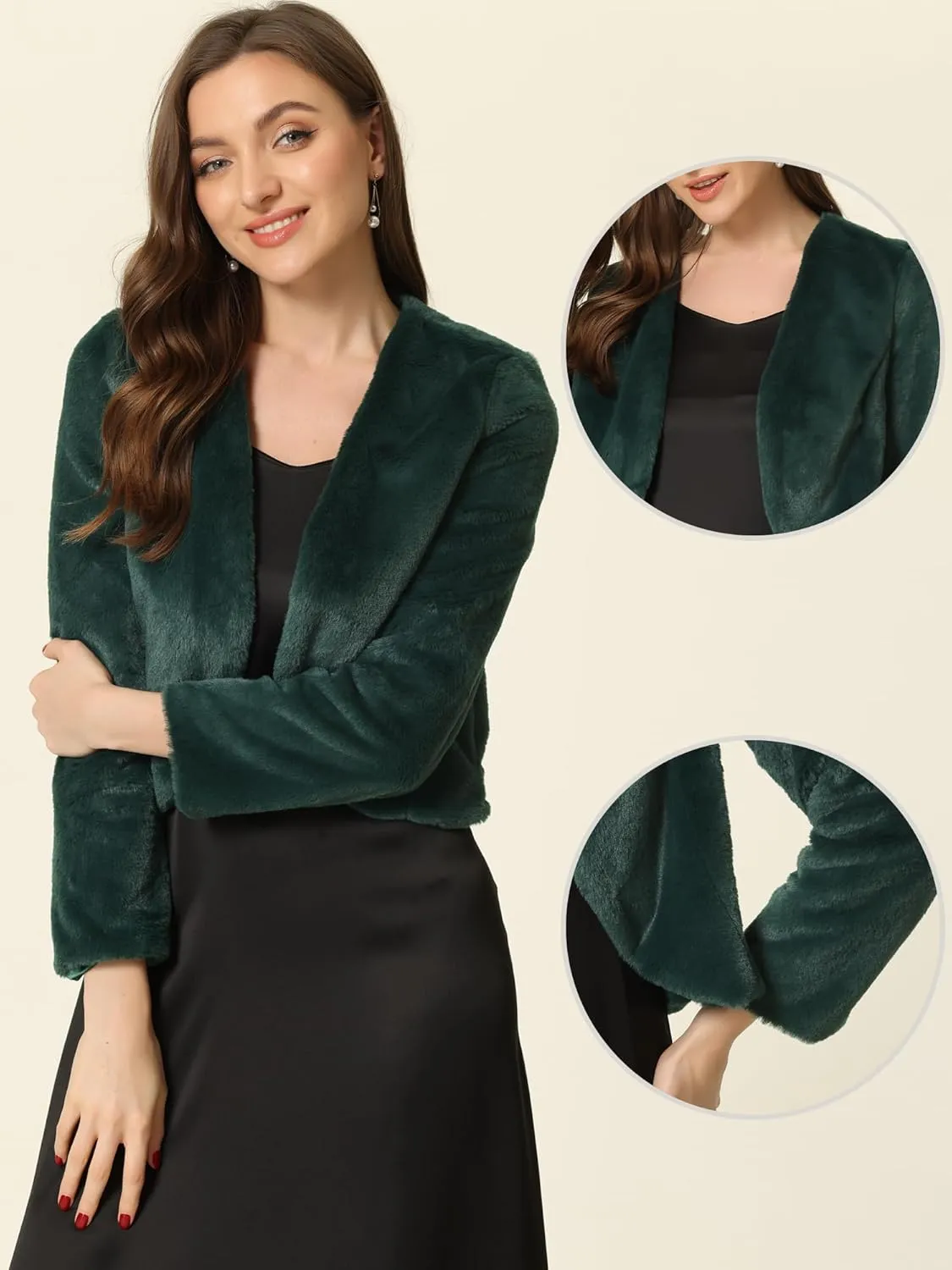 Allegra K Cropped Jacket for Women's Faux Fur with Pockets Long Sleeve Open Front Wedding Bolero Gowns Coat