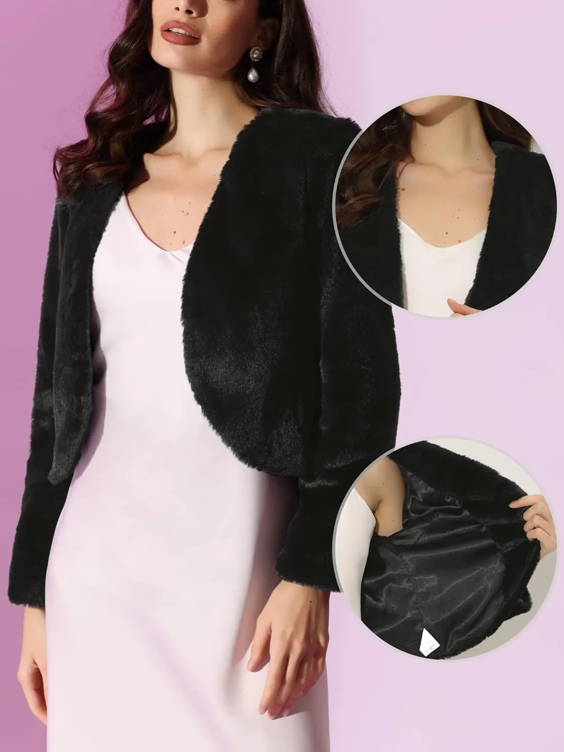 Allegra K Cropped Jacket for Women's Faux Fur with Pockets Long Sleeve Open Front Wedding Bolero Gowns Coat