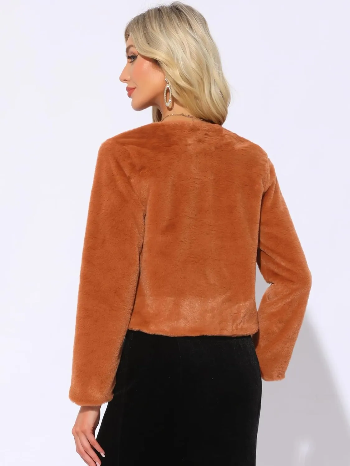 Allegra K Cropped Jacket for Women's Faux Fur with Pockets Long Sleeve Open Front Wedding Bolero Gowns Coat