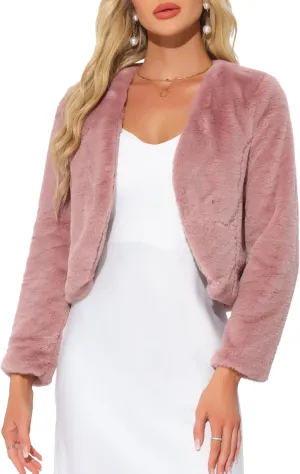 Allegra K Cropped Jacket for Women's Faux Fur with Pockets Long Sleeve Open Front Wedding Bolero Gowns Coat