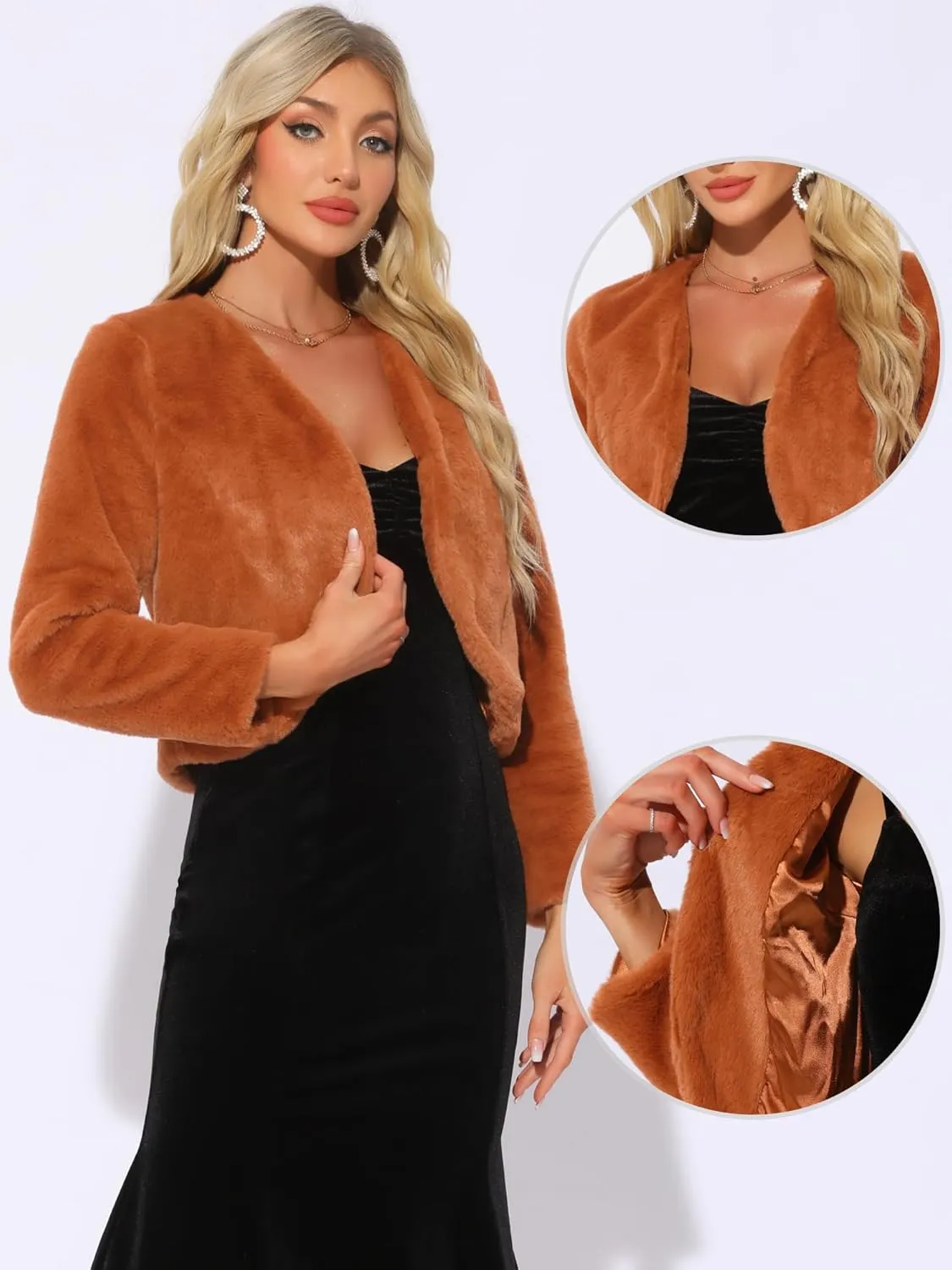 Allegra K Cropped Jacket for Women's Faux Fur with Pockets Long Sleeve Open Front Wedding Bolero Gowns Coat
