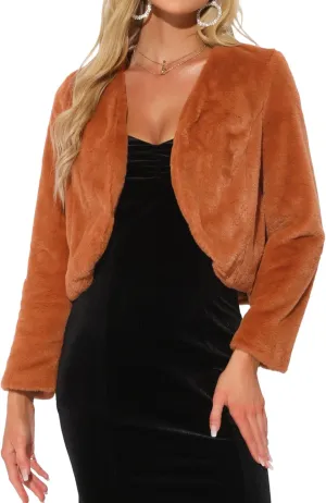Allegra K Cropped Jacket for Women's Faux Fur with Pockets Long Sleeve Open Front Wedding Bolero Gowns Coat