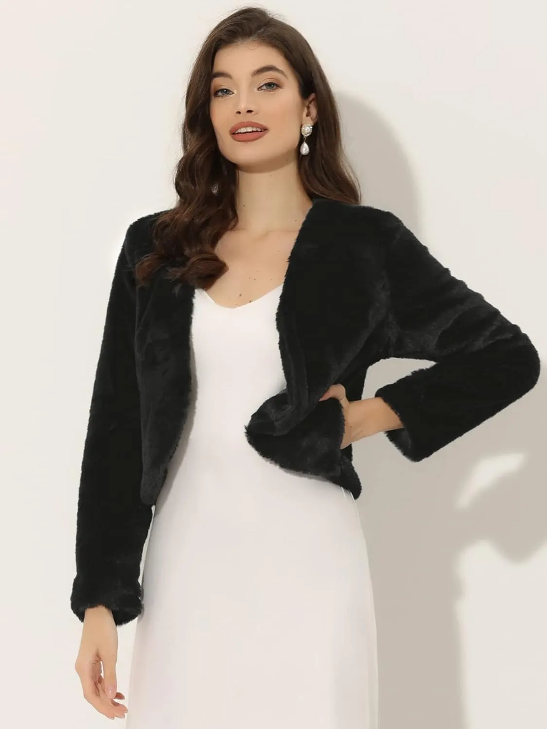 Allegra K Cropped Jacket for Women's Faux Fur with Pockets Long Sleeve Open Front Wedding Bolero Gowns Coat