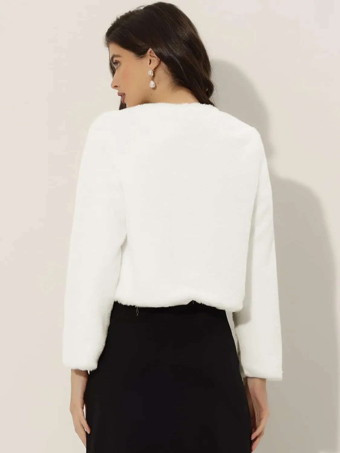 Allegra K Cropped Jacket for Women's Faux Fur with Pockets Long Sleeve Open Front Wedding Bolero Gowns Coat