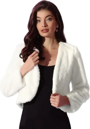 Allegra K Cropped Jacket for Women's Faux Fur with Pockets Long Sleeve Open Front Wedding Bolero Gowns Coat
