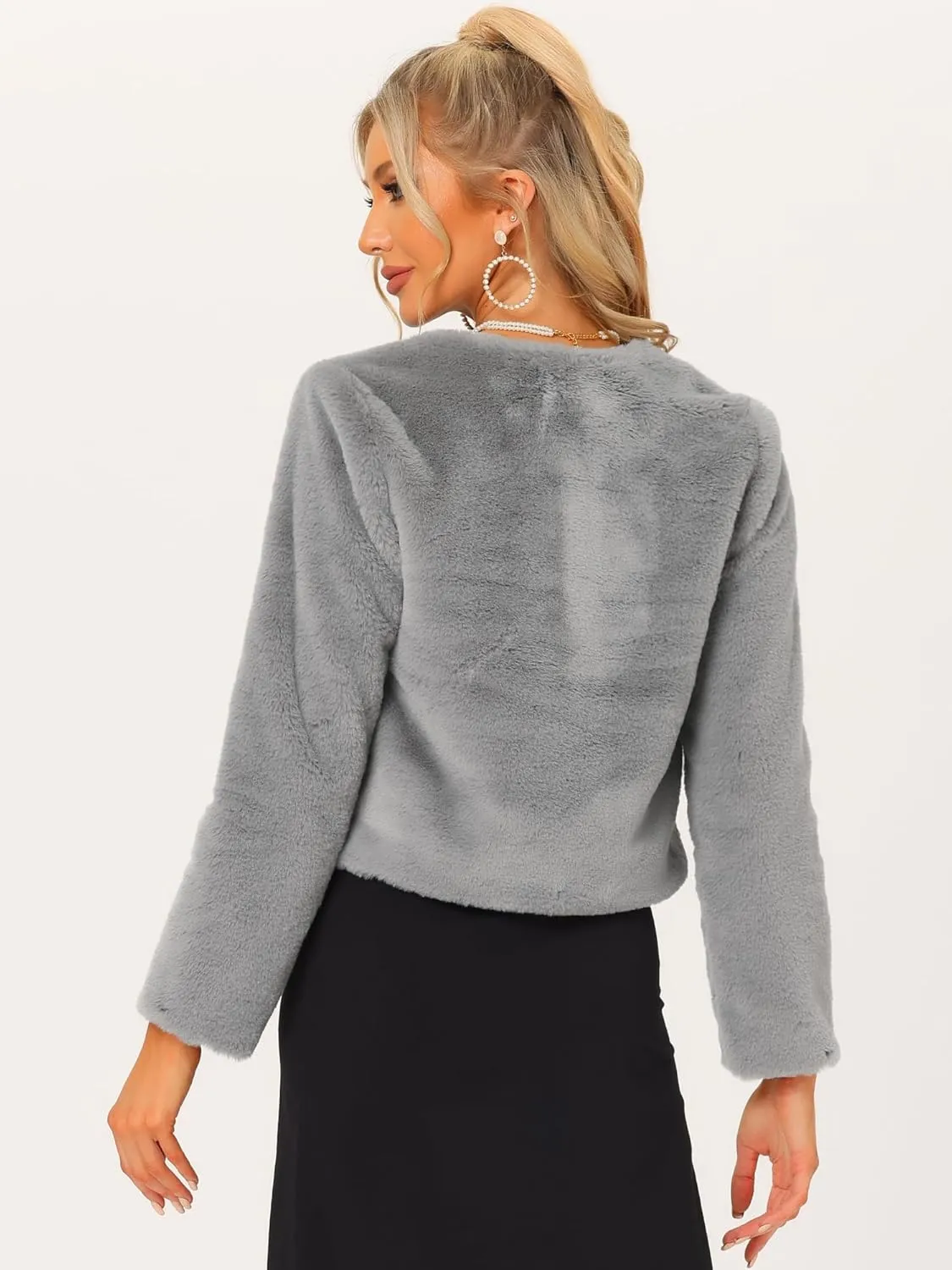 Allegra K Cropped Jacket for Women's Faux Fur with Pockets Long Sleeve Open Front Wedding Bolero Gowns Coat