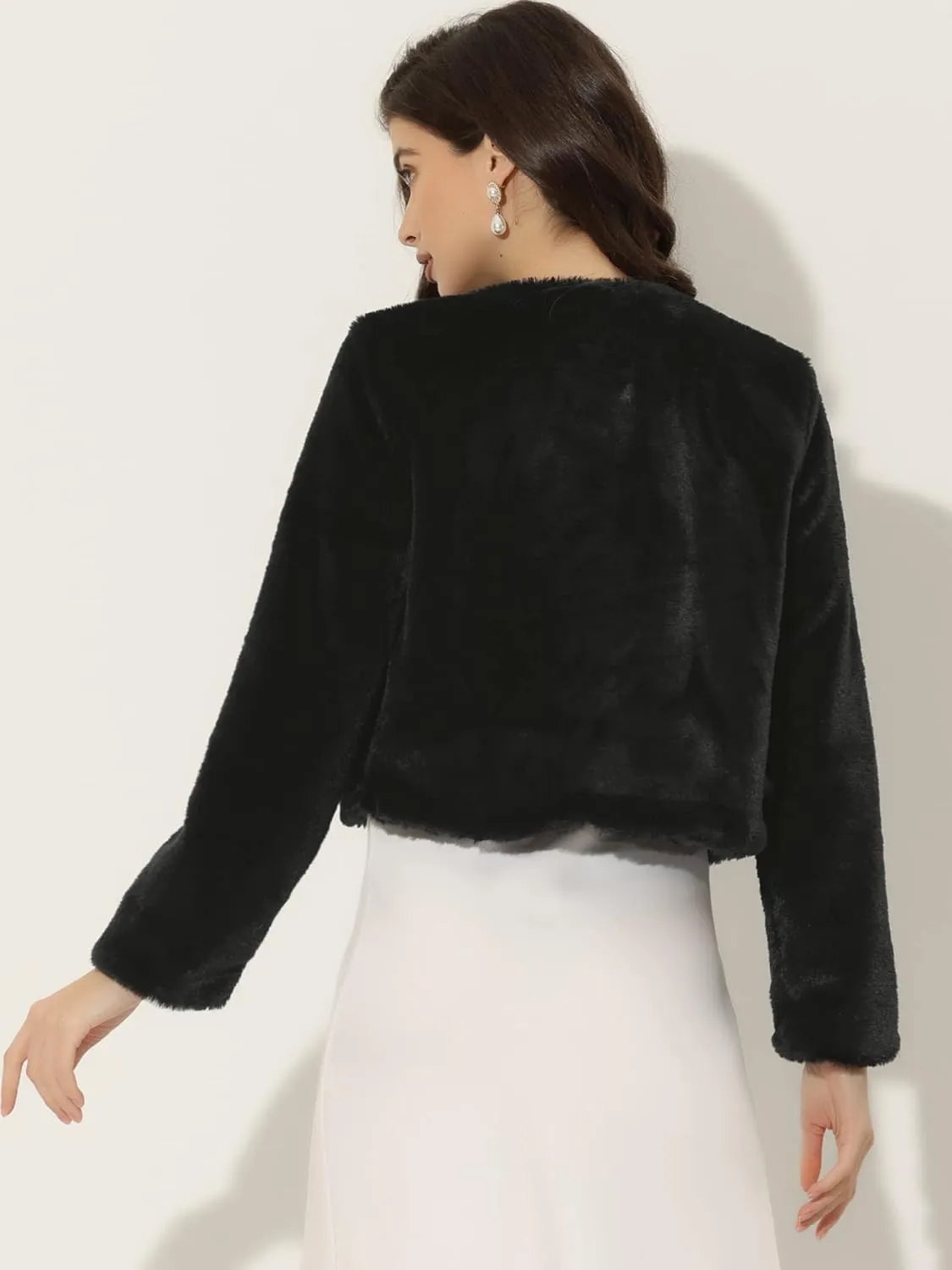 Allegra K Cropped Jacket for Women's Faux Fur with Pockets Long Sleeve Open Front Wedding Bolero Gowns Coat