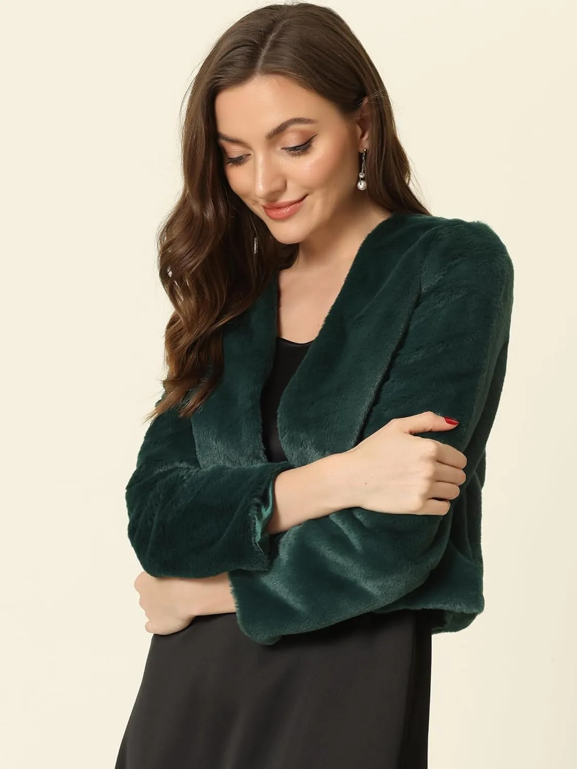 Allegra K Cropped Jacket for Women's Faux Fur with Pockets Long Sleeve Open Front Wedding Bolero Gowns Coat