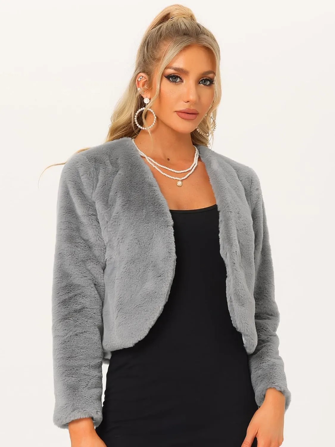 Allegra K Cropped Jacket for Women's Faux Fur with Pockets Long Sleeve Open Front Wedding Bolero Gowns Coat