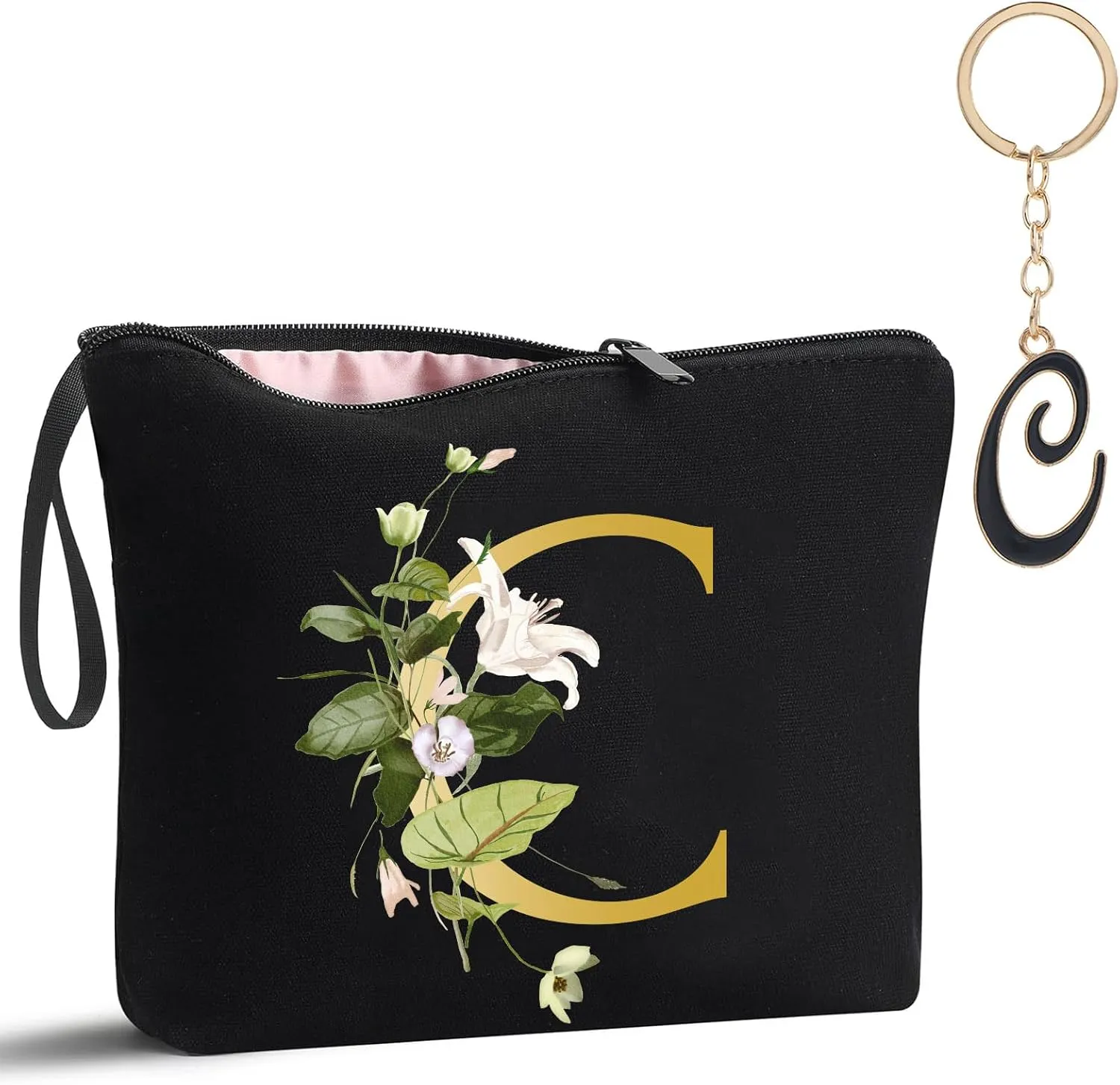 Alphabet Decorative C Floral Letters Personalized Makeup Bag Bride Bridesmaid Cosmetic Bag Gifts Washable Zippers (Black)