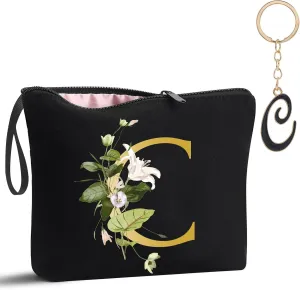 Alphabet Decorative C Floral Letters Personalized Makeup Bag Bride Bridesmaid Cosmetic Bag Gifts Washable Zippers (Black)