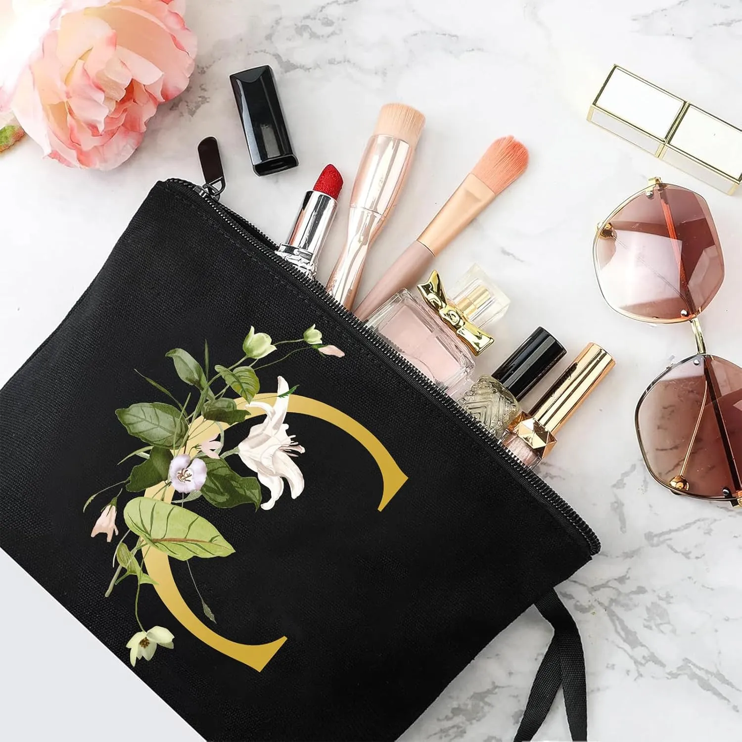 Alphabet Decorative C Floral Letters Personalized Makeup Bag Bride Bridesmaid Cosmetic Bag Gifts Washable Zippers (Black)