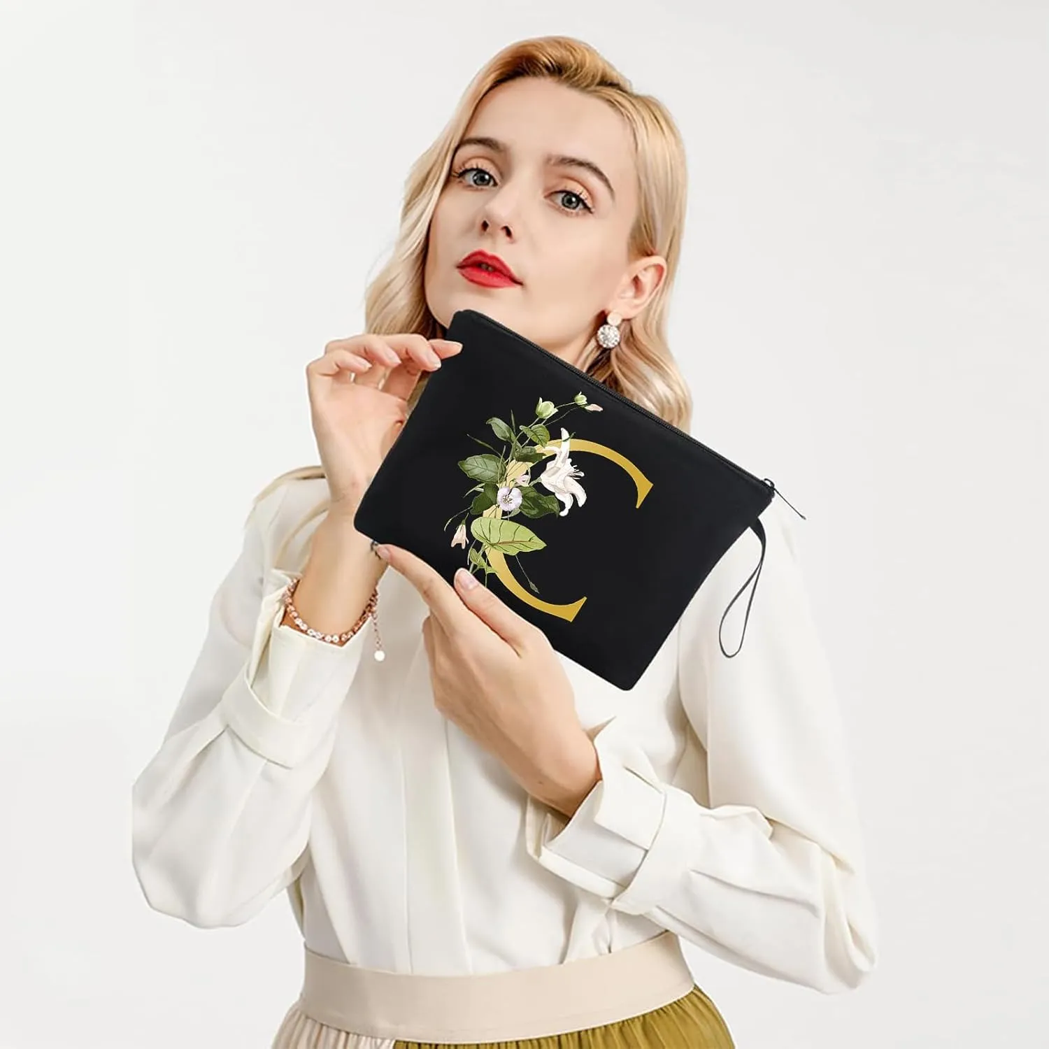 Alphabet Decorative C Floral Letters Personalized Makeup Bag Bride Bridesmaid Cosmetic Bag Gifts Washable Zippers (Black)