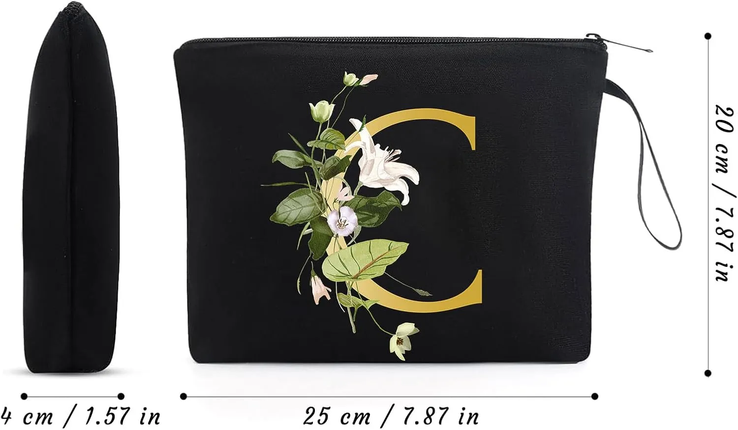 Alphabet Decorative C Floral Letters Personalized Makeup Bag Bride Bridesmaid Cosmetic Bag Gifts Washable Zippers (Black)
