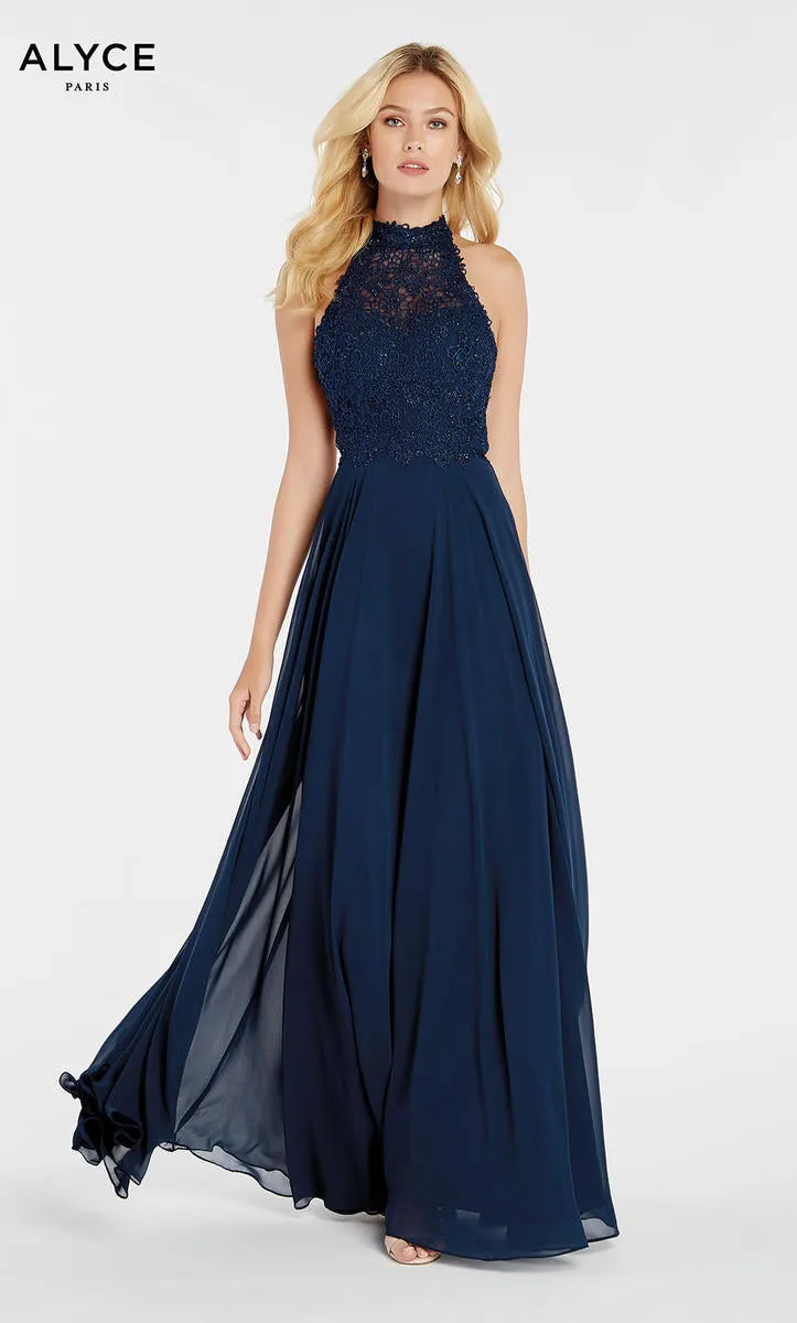 Alyce Paris 60354 Ice Blue Lace Halter Neckline Chiffon A-Line Dress
