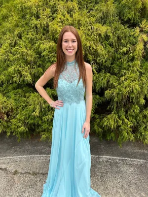 Alyce Paris 60354 Ice Blue Lace Halter Neckline Chiffon A-Line Dress