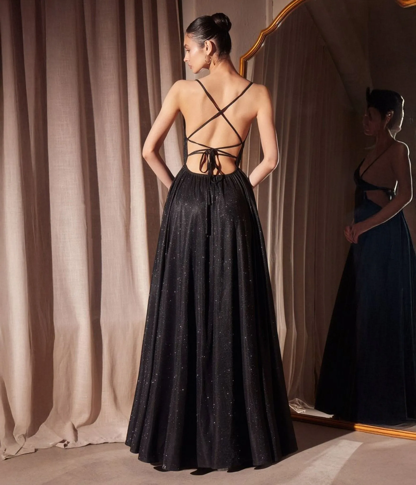 Amoris by Cinderella Divine Black Glitter V-Neck A-Line Slit Prom Gown