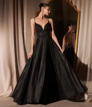 Amoris by Cinderella Divine Black Glitter V-Neck A-Line Slit Prom Gown