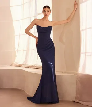 Amoris by Cinderella Divine Navy Chiffon Fitted Long Strapless Prom Dress
