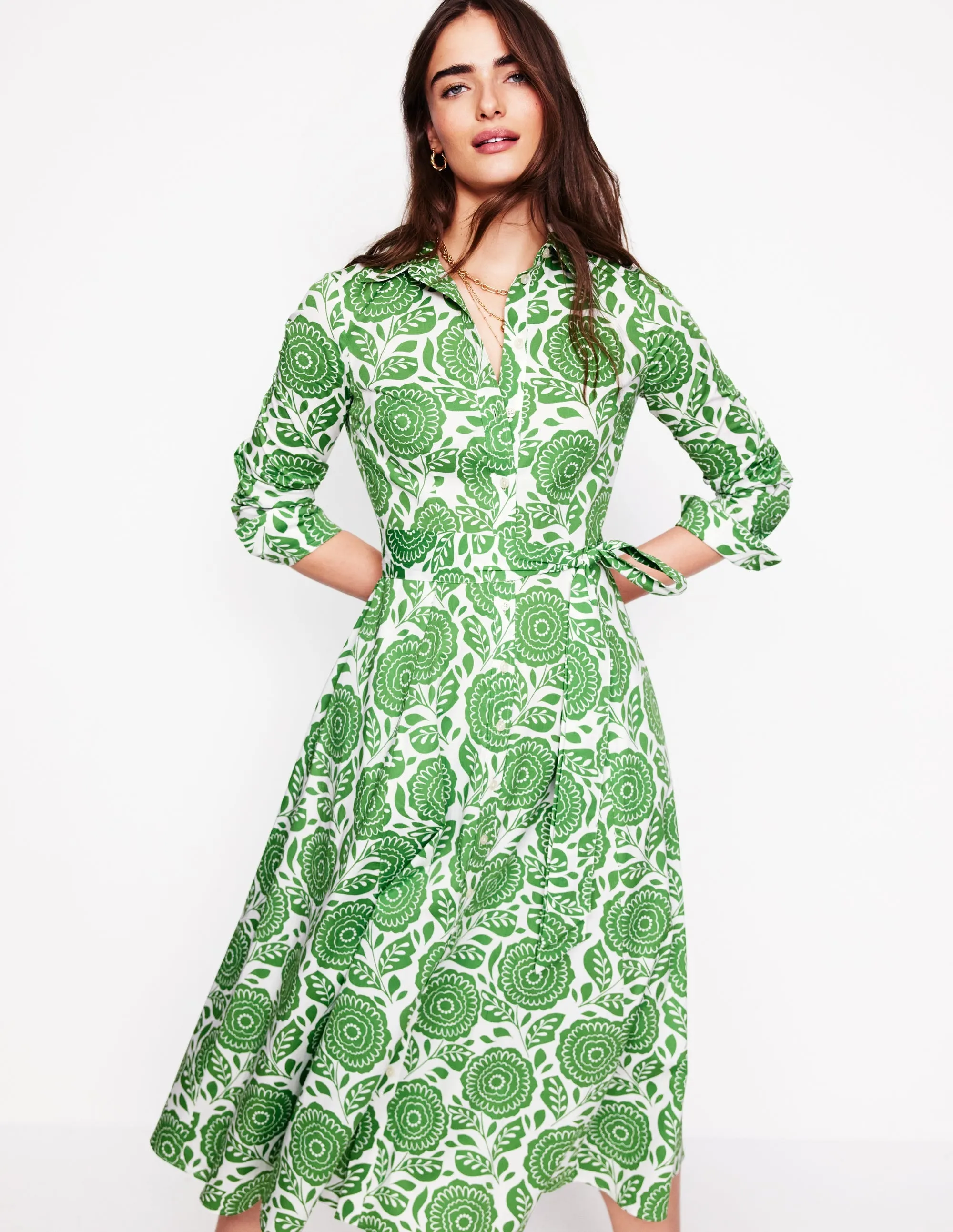 Amy Cotton Midi Shirt Dress-Iguana Green, Dahlia Stamp