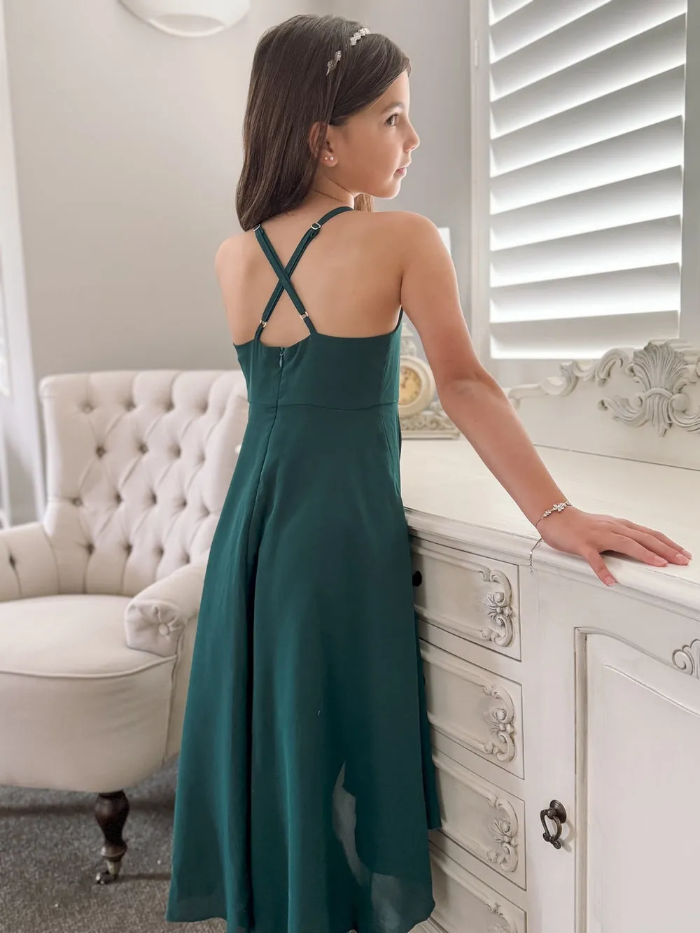 Anna Girls Hi Low Dress - Forest Green
