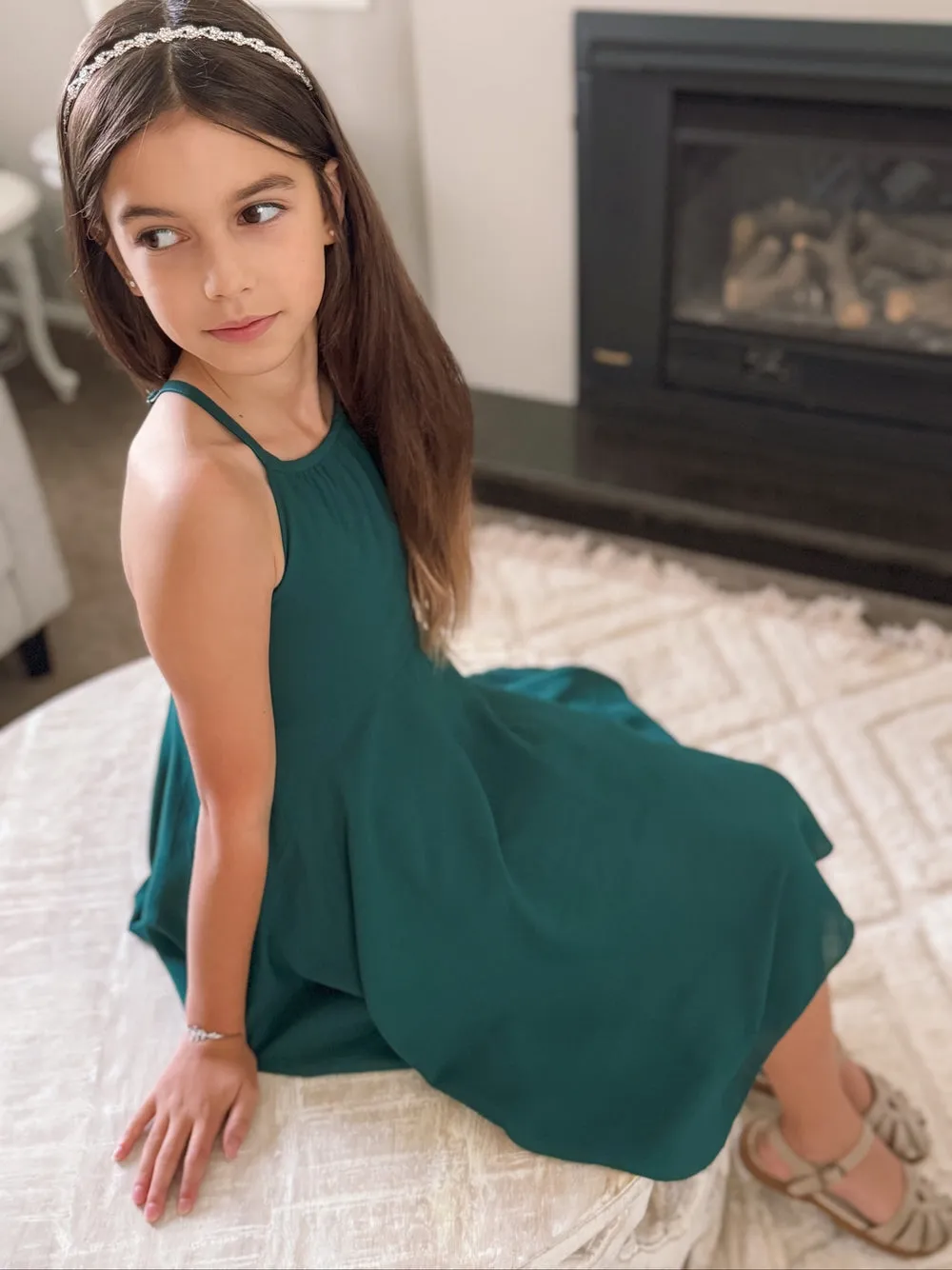 Anna Girls Hi Low Dress - Forest Green