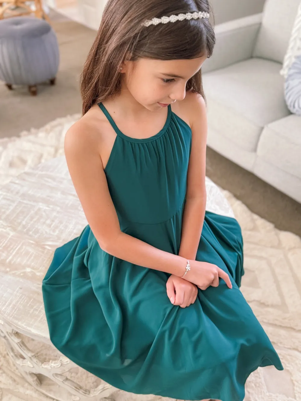 Anna Girls Hi Low Dress - Forest Green