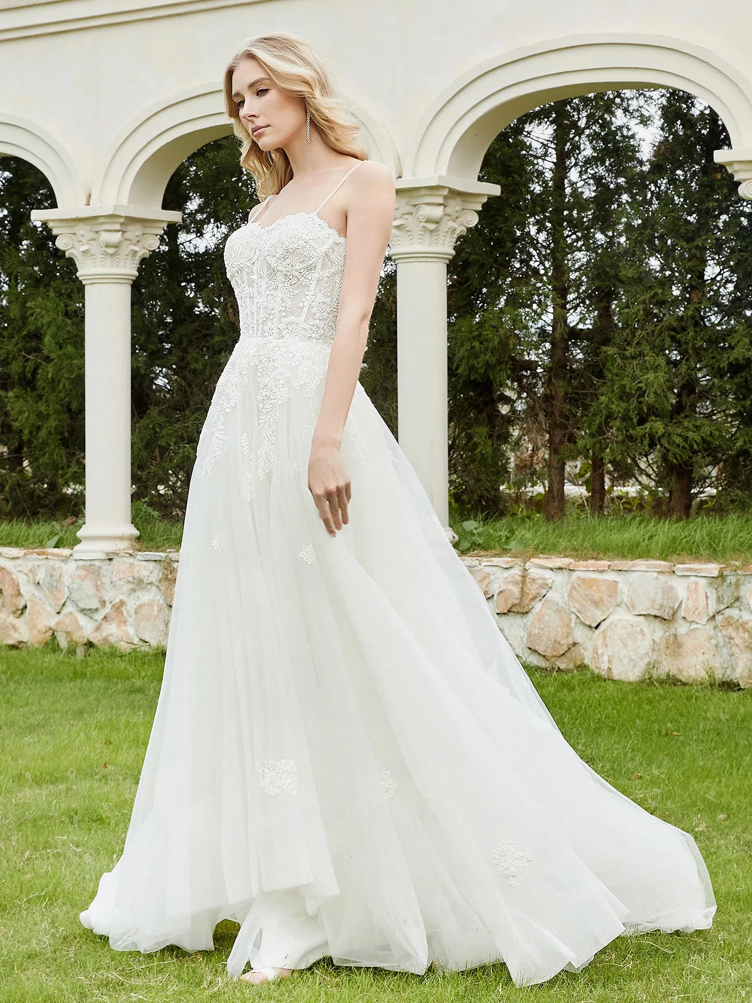 Appliqued Sweep/Brush Train A-line Wedding Dress-Champagne