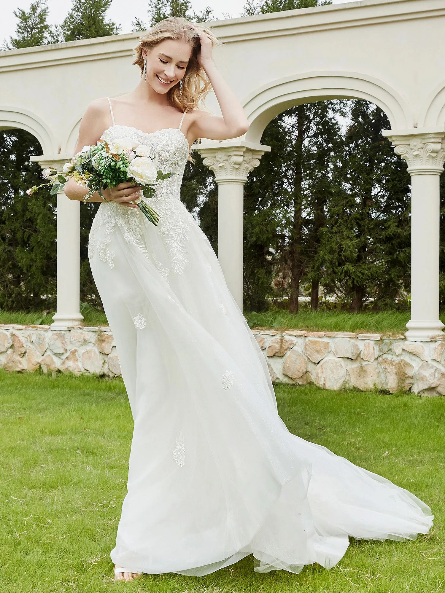 Appliqued Sweep/Brush Train A-line Wedding Dress-Champagne