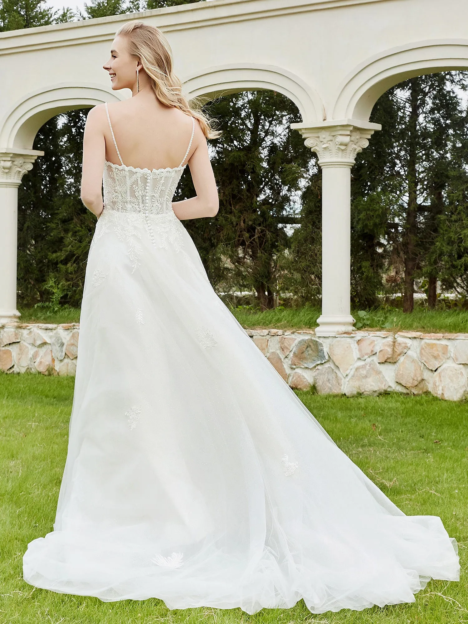 Appliqued Sweep/Brush Train A-line Wedding Dress-Champagne