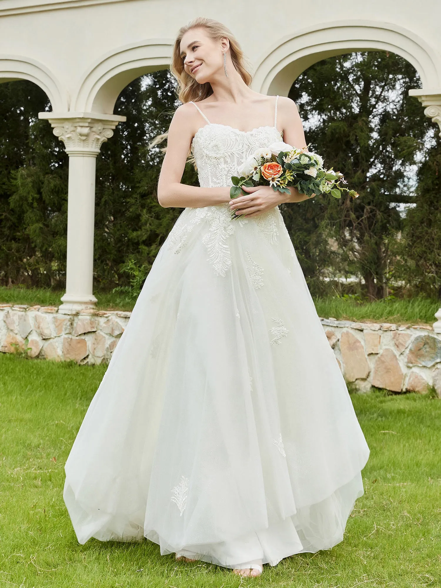 Appliqued Sweep/Brush Train A-line Wedding Dress-Champagne