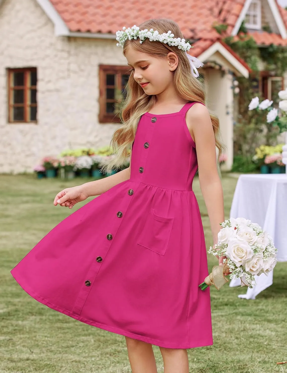 Arshiner Girl's Spaghetti Strap Button Down Midi Sleeveless Summer Casual Sundress A-line Dress with Pockets