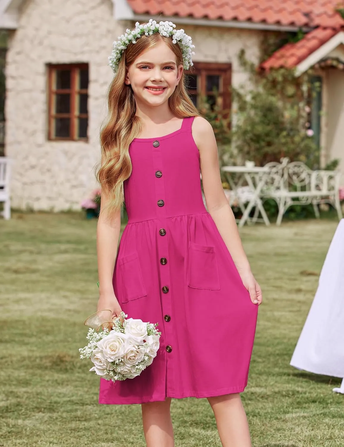 Arshiner Girl's Spaghetti Strap Button Down Midi Sleeveless Summer Casual Sundress A-line Dress with Pockets