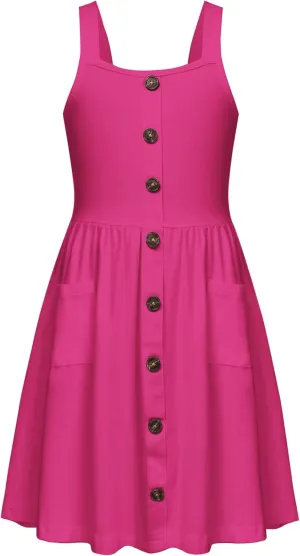 Arshiner Girl's Spaghetti Strap Button Down Midi Sleeveless Summer Casual Sundress A-line Dress with Pockets